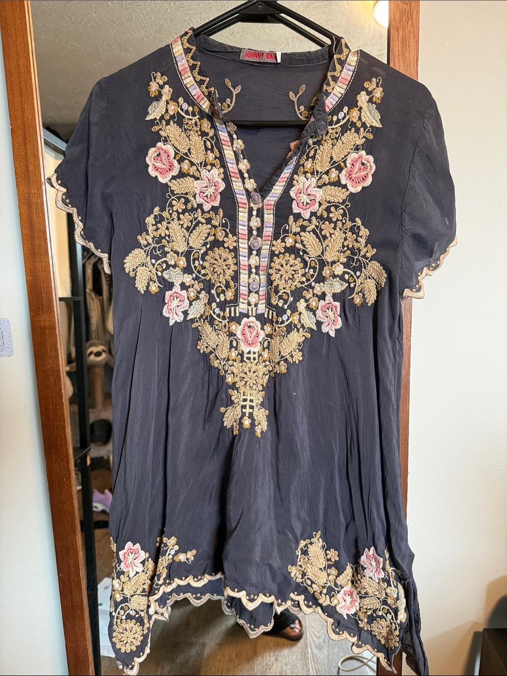 Johnny Was Navy Embroidered Floral Tunic with Pink & Gold Accents